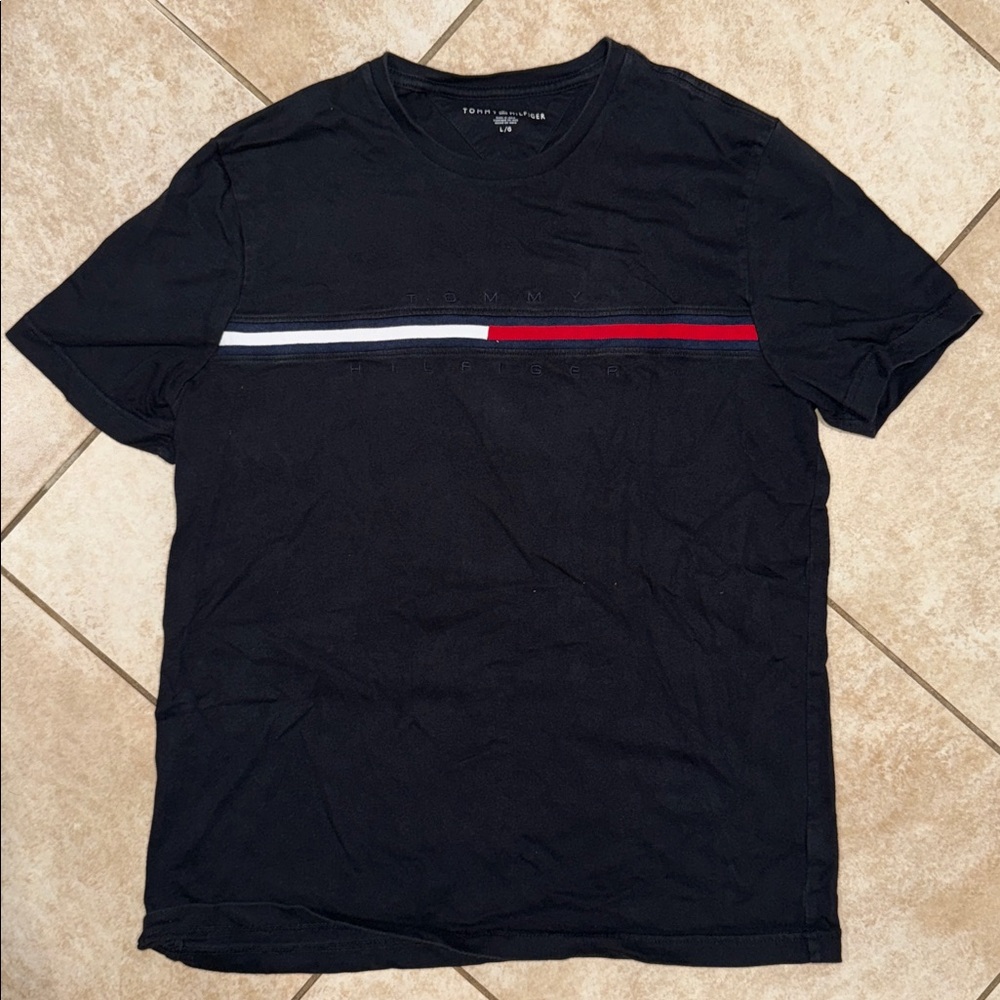 Tommy Hilfiger Black Tee with Red and White Accent